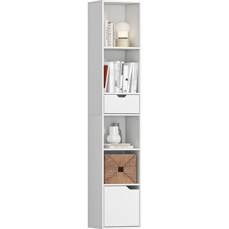 Librería con 6 niveles regulables en 3 posiciones, cajón y puerta incluidos, estantería expositora modular, acabado blanco (1/5)