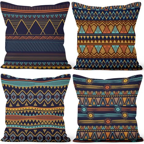 Housse coussin boho géométrie bohème rétro lot de 4 40x40 cm peluche courte douce, sofa canapé chaise auto déco maison (1/4)
