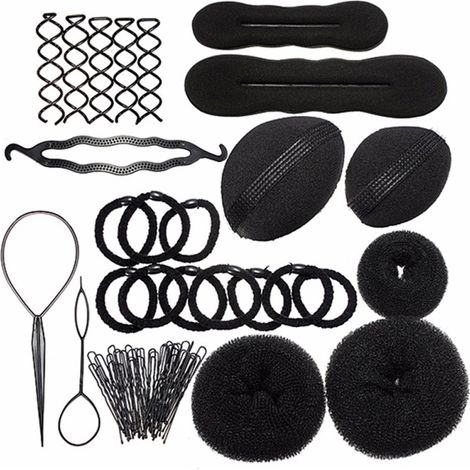 Kit de herramientas para peinados caseros: moño tipo donut, pinza en U, pinza en espiral, gomas elásticas, base para el cabello, bucles para moños. (1/5)