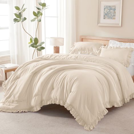 Parure de lit 2 pièces en Microfibre Douce et légère à Volants pour Enfants, Filles (1 Couette à Volants et 1 taie d'oreiller), Beige (1/5)