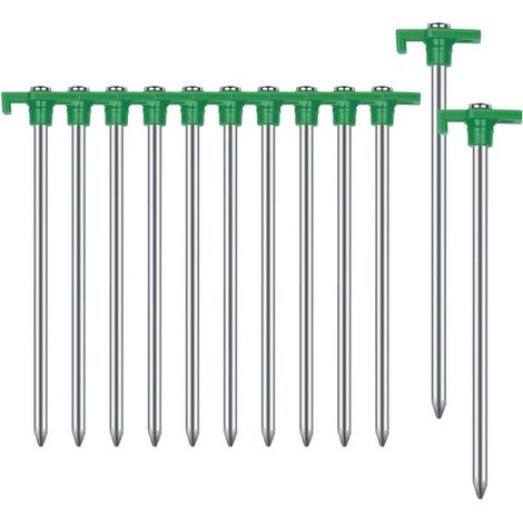 12 robuste Zeltnägel, 18 cm lange, rostfreie Metall Heringe, für Camping, Garten und Wandern. (1/4)