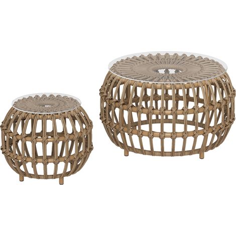 Set mit 2 runden Beistelltischen, Polyrattan, Ø 66/42 cm, wetterfeste Gartentische mit Glasplatte, Braun