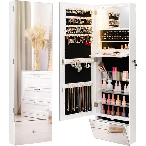 COSTWAY Armario para Joyas, Gabinete Con Espejo LED Para Joyería de 120 Cm, Espejo Joyero Montado en la Pared con Espejo sin Marco, y Estante Plegable, 4 Estantes y Cerradura con Llaves, Blanco