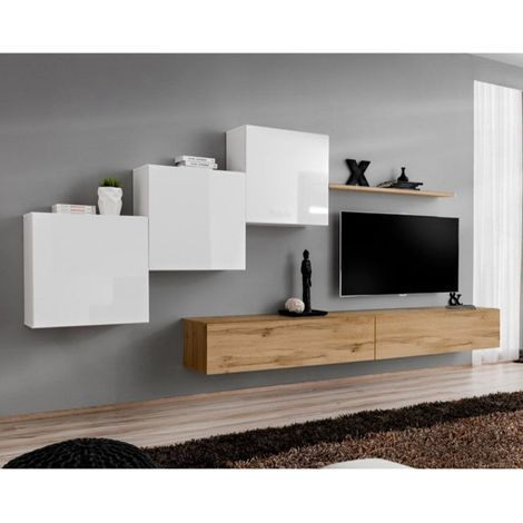 Meuble TV Mural Design "Switch X" 330cm Blanc & Naturel (1/4)