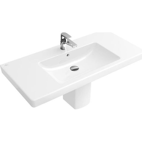 Vasques avec meuble, 800 x 470 mm, Rectangulaire, pour robinetterie à 3 trou s, trou de robinetterie central percé, avec trop-plein, En porcelaine sanitaire Blanc CeramicPlus