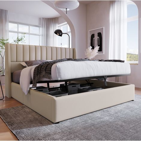 Letto contenitore imbottito 140x200 cm in lino, beige/grigio, con testiera imbottita e rete sollevabile (1/5)