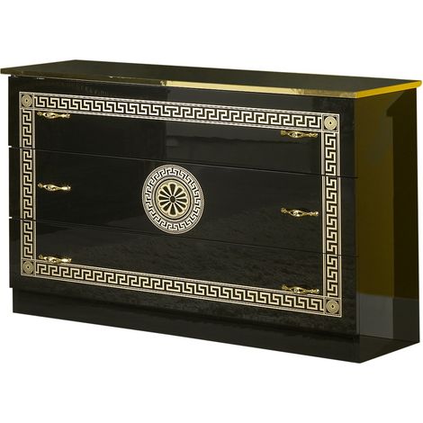 Commode 3 grands tiroirs bois brillant noir et doré Savana (1/3)