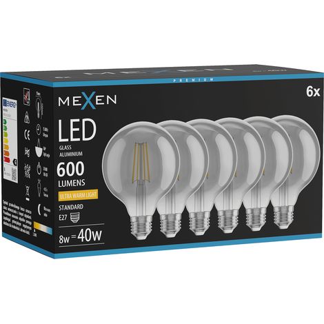 Mexen Vintis 6x Ampoule filament LED E27, G95, 8W, Chaude - 2200K, 600 lm, fumée - L157-E27-0822-70x06 (1/5)
