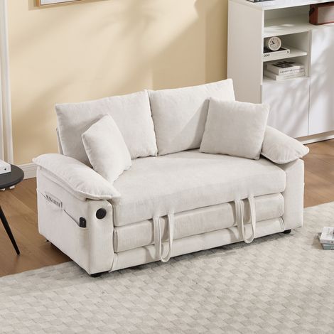 Canapé-lit futon convertible 3 en 1 de 147 cm (58 pouces), canapé-lit de sol pliable et capitonné avec matelas dépliable et poches latérales, blanc. (1/5)