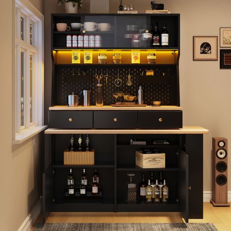 Aparador alto con escritorio integrado 137x74x177.7 cm, iluminación LED, almacenamientos modulares, MDF y vidrio negro (1/5)