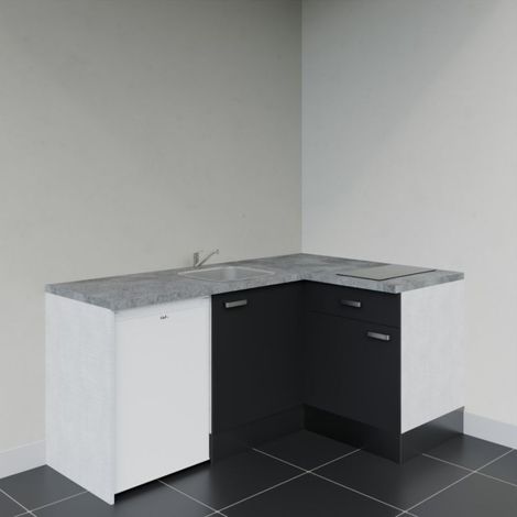Kitchenette KA01 Noir - Plan de travail Gris béton - Crédence : Non - Electroménager : Blanc (1/4)