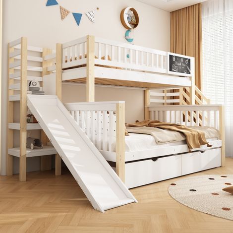 Etagenbett 90x200/140x200 cm mit Leiter, Stauraum, Rutsche und Tafel, geeignet für Kinder, Farbe: Weiß (Matratze nicht im Lieferumfang enthalten)