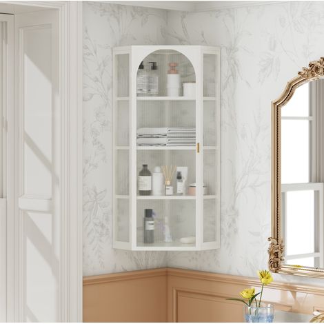 Meuble de rangement mural en métal et verre trempé, 4 niveaux, 56 x 40 x 105 cm, blanc OKMYHOME (1/5)