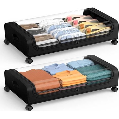 Boîte de Rangement Sous Lit avec Roulettes, Organisateur de Rangement en Rigides avec Couvercle pour Vêtements, Chaussures, 2Pack (1/4)