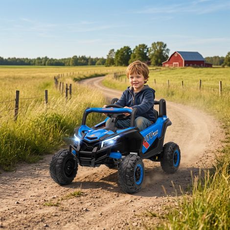 Voiture électrique UTV 12V pour enfants avec 2 moteurs, télécommande 2,4 GHz, vitesse jusqu'à 7 km/h, système de suspension, bleue (1/5)