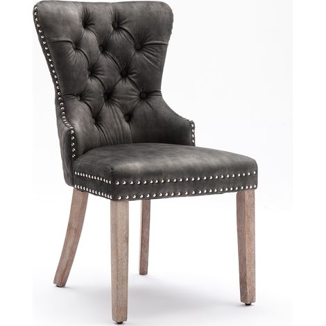 Chaise de salle à manger en velours gris avec pieds en bois massif et boucle décorative arrière, lot de 6 (1/5)