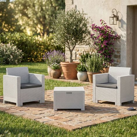 Dmora - Conjunto de salón exterior Dkrajn, Conjunto de jardín con cojines, Conjunto de salón interior efecto ratán, 100% Made in Italy, Blanco (1/5)