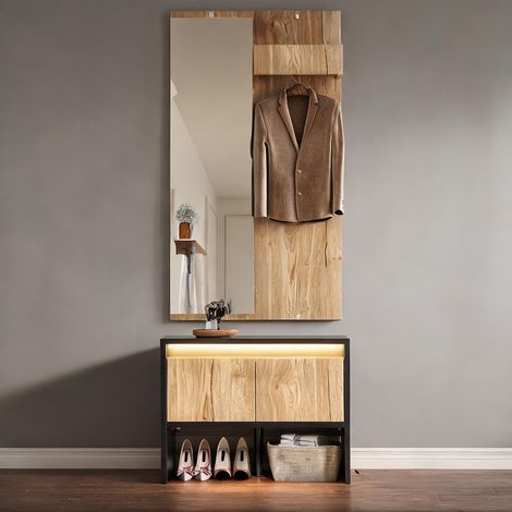 Ensemble d'entrée avec porte-manteau miroir et banc de rangement (1/5)