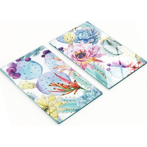 Planches à découper décoratives en verre trempé, motif cactus et fleurs, 2 x 30 x 52 cm (1/5)