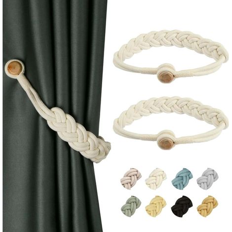 Lot de 2 attaches magnétiques pour rideaux, boucles de rideaux en corde de coton faites main, blanches (1/4)