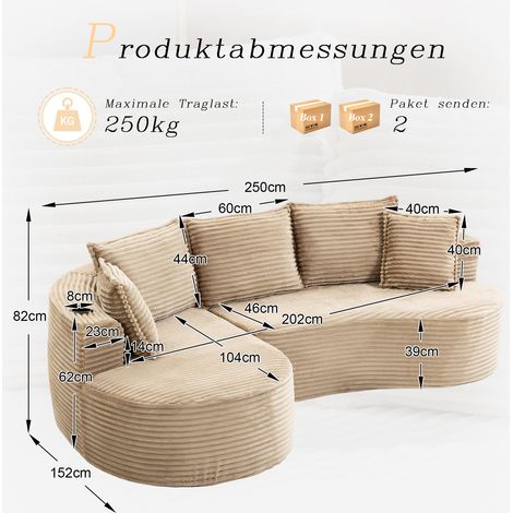 Canapé Bogesofa velours côtelé, respirant et doux, avec support pour verre et poche de rangement. Mousse haute densité pour assise confortable. Coussin compressé inclus, prêt à l’emploi. (1/4)