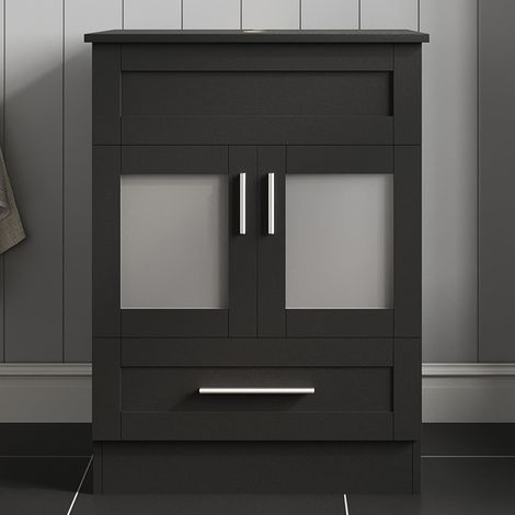 Puluomis Bathroom Sink Cabinet Unit, Tempered Glass Basin, Hand-painted Washbowl, with Chrome Tap, Waste, Water Supply Lines, Black (1/5)