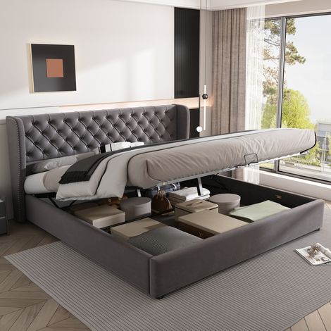 Bett mit Stauraum Samt Grau 160x200 cm, Polsterbett im Chesterfield-Stil mit Lattenrost und hydraulischem Bettkasten (1/5)