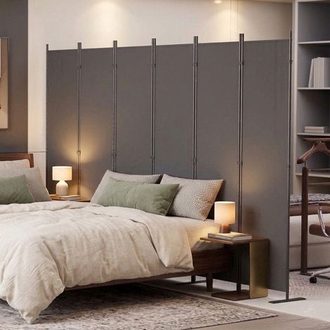 Paravent séparateur 304x180 cm métal et polyester gris foncé autoportant gain de place – MEUBLIV (1/5)
