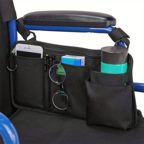 Sac latéral pour fauteuil roulant avec porte gobelet, accessoires pour fauteuil roulant, scooter électrique Sac de transport médical (noir)