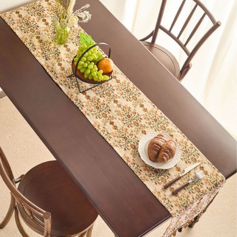 Chemin de Table en coton 33x180cm Style vintage village avec Frange Kaki (1/5)