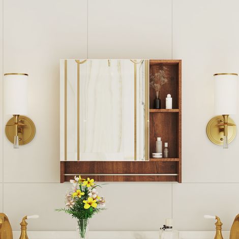 Meuble de salle de bain miroir mural en MDF, avec étagères ouvertes, format compact pour petits espaces et rangement pratique, bois foncé CHICFURN (1/5)