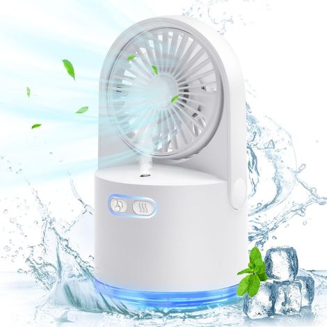 CCYKXA Mini-Tischventilator, tragbarer USB-Ventilator mit kühlem Nebelspray, 3 einstellbare Geschwindigkeiten, 7 farbige Nachtlichter für Zuhause, Büro, Outdoor, Reisen (weiß) (1/5)