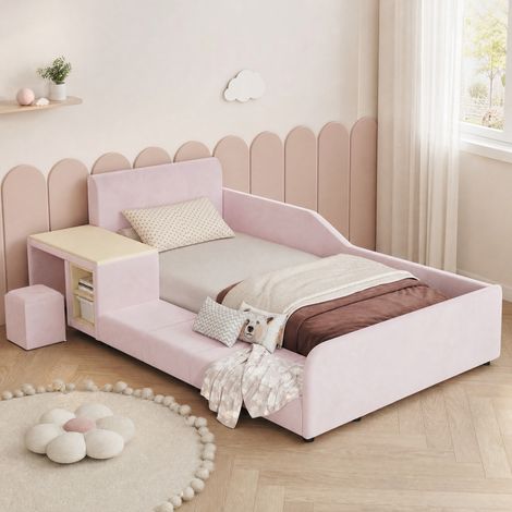Lit enfant 90x200 cm avec bureau, tabouret et tablette de rangement, en velours rose HAVRYA (1/5)