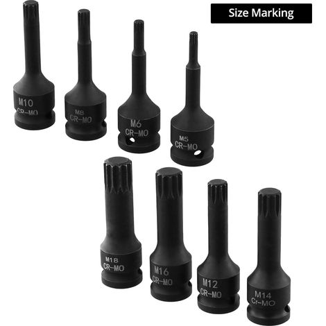 Coffret de 8 douilles cannelées M5 à M18, entraînement 1/2", acier au chrome-vanadium, jeu de douilles multi-dents (1/4)
