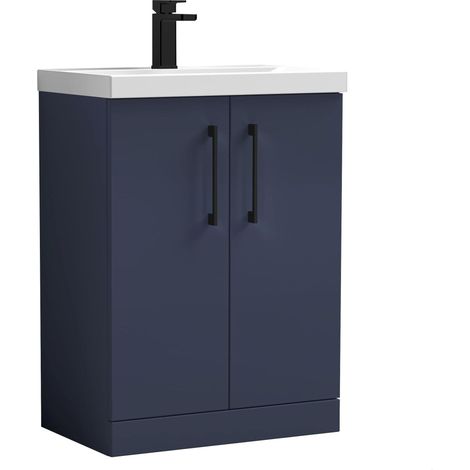 Balterley Bramshall Contemporary Bathroom Floor Standing 2-Door Vanity Unit & Basin, Midnight Blue, 600mm (1/4)