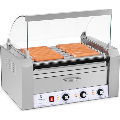 Griglia a rulli con coperchio e cassetto scaldavivande per panini, 16 salsicce Hot Dog, 2200W 230V, Royal Catering (1/5)