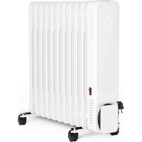 Jiubiaz Calefactor radiador de aceite 2500 W WiFi, 11 elementos, ajuste 5-35 °C, mando, panel de vidrio, ruedas, blanco (1/5)