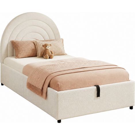 Lit coffre 90x200 enfant avec tête de lit rembourrée, sommier à lattes, rangement hydraulique, tissu bouclette beige, pour chambre fille ou garçon - CHICFURN (1/5)