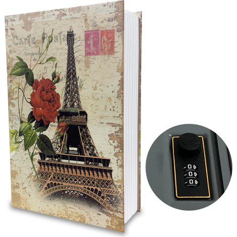 Coffre fort livre avec serrure à combinaison, boîte de rangement secrète, coffre fort livre à code, pour argent, bijoux et objets de valeur, 24 x 15,5 x 5,5 cm, Tour Eiffel (1/5)