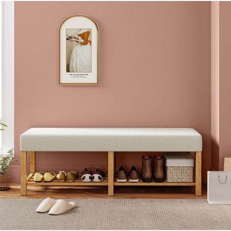 Banco zapatero 140 cm, cojín de 6 cm, almacenaje abierto, madera natural y blanco crema DESVIAE (1/5)