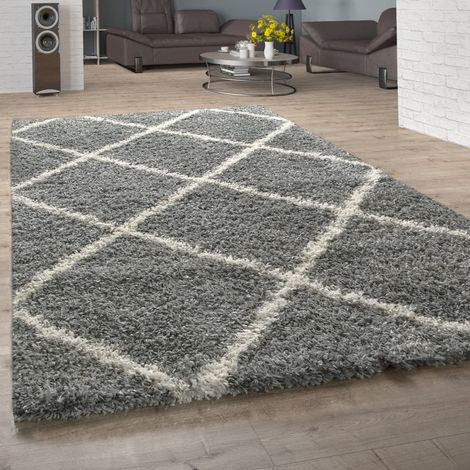 Paco Home Hochflor Teppich Wohnzimmer Shaggy Skandi Modernes Rauten Muster Grau Creme 120x170 cm