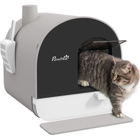 Bac à litière pour chat avec porte battante pelle et filtre inclus dimensions 43L x 44l x 47H cm gris