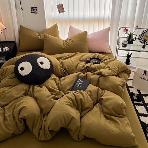 Ultra-weiche Bettwäsche aus gewaschener Baumwolle im zerknitterten Stil – 4-teiliges Bettwäscheset mit Spannbettlaken für 180x220 cm Bett, ideal für Schlafsaal und Herberge (Achatgelb)-lsw