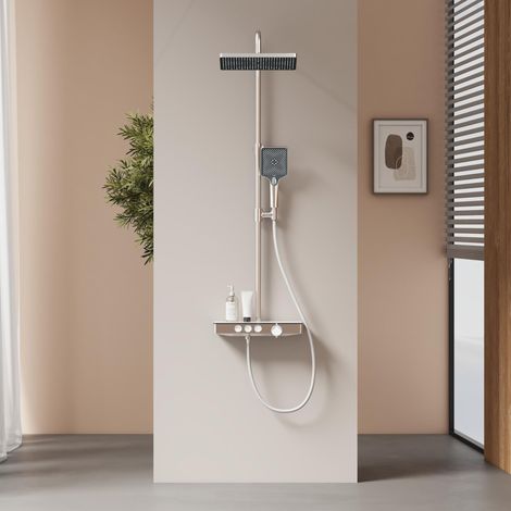 Colonne de douche thermostat, étagères en verre 36 x 14 cm, douchette, 3 types de jet, douche à effet pluie, bouche de distribution, montage mural, chrome (1/5)