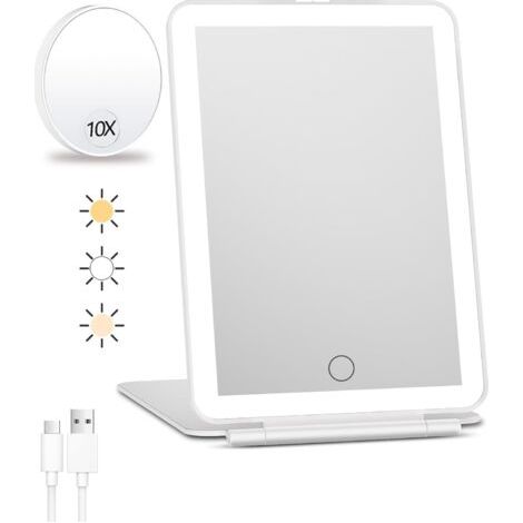 BUNTHAUS Miroir de Maquillage de Voyage Rechargeable Avec Lumières - Grossissant x10, Portable Avec 80 LED, Batterie 2000 mAh, Éclairage 3 Couleurs, Gradation (1/5)