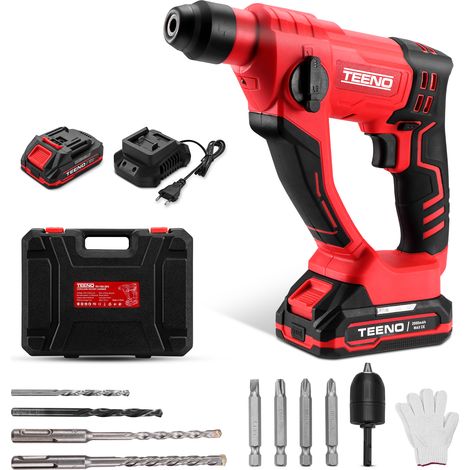 Teeno – Marteau perforateur sans fil 20V – 2 batteries 2.0Ah – Force de frappe 1.2J – Capacité de perçage béton 14mm – Moteur lithium performant