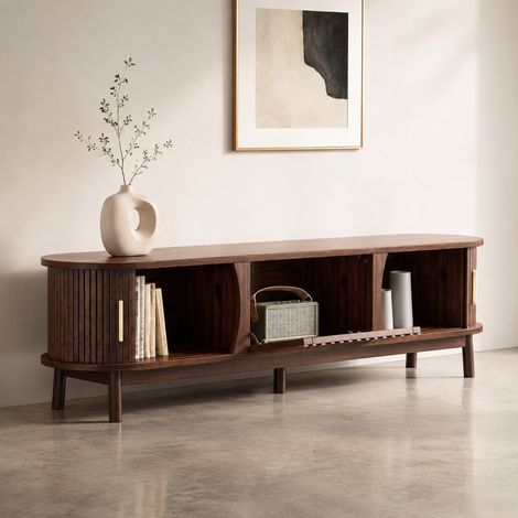 Mueble TV bajo 165x39,5x46 cm en MDF marrón, con almacenaje, estilo retro para salón FloraGrace (1/5)