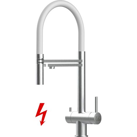 NIEDERDRUCK 3 Wege Edelstahl Massiv Küchenarmatur Spültischmischer, mit 360° schwenkbarem Weiß Auslauf und 2 strahl Handbrause - Gebürstet (1/5)