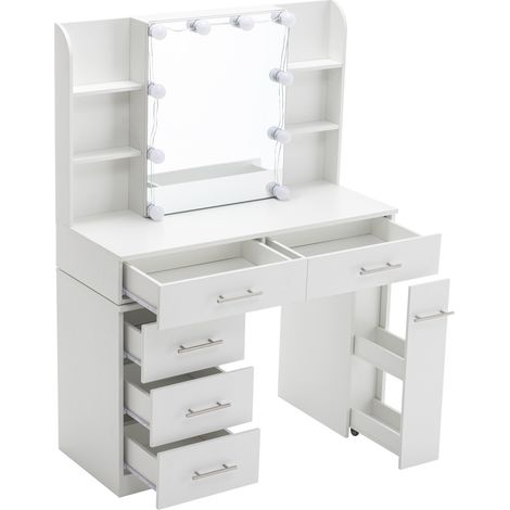 Toeletta bianca in MDF con specchio, cassetto e luci LED (1/5)