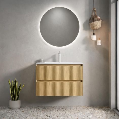 Meuble sous vasque suspendu 75 cm avec vasque céramique blanche (1/5)